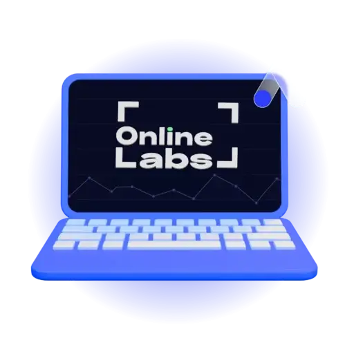 Laptop displaying OnlineLabs logo on screen in a modern digital workspace